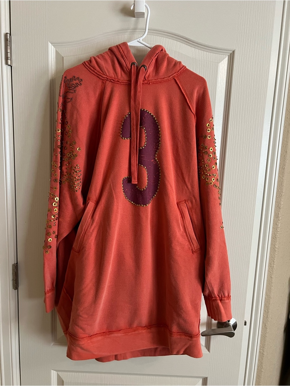 We The Free Coral Drawstring Hooded Sweatshirt with metallic/sequin detail